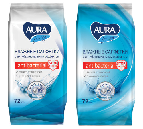 Салфетки влажные Aura "Family", антибактериальные, для всей семьи, 72 шт. 