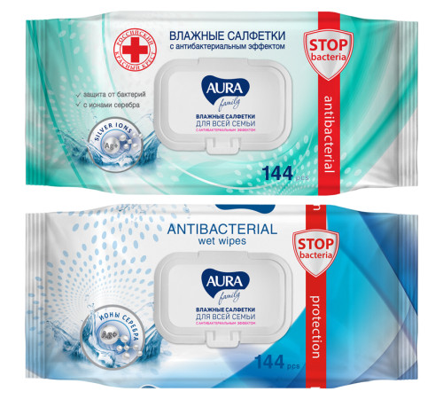 Салфетки влажные Aura "Family", антибактериальные, с клапоном, 144 шт. 