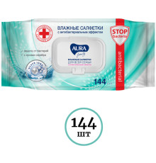Салфетки влажные Aura "Family", антибактериальные, с клапоном, 144 шт. 
