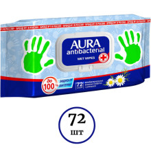 Салфетки влажные Aura "Ромашка", антибактериальные, 72 штук в упаковке с клапаном