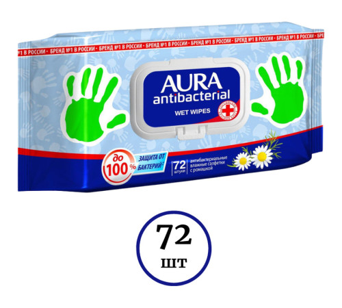 Салфетки влажные Aura "Ромашка", антибактериальные, 72 штук в упаковке с клапаном