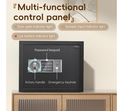 Сейф DELI "ET523" электронный замок + ключ, черный, 300х380х300 мм, 9 кг