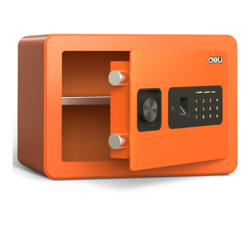 Сейф DELI  "ET590" биометрический + элект. замок + ключ, оранжевый , 250х350х250 мм, 9 кг