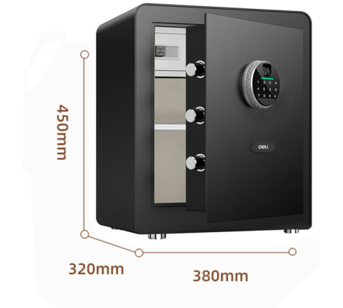 Сейф мебельный DELI "ET631" биометрический + электронный замок, ключ, 450х380х320 мм, 20 кг, черный
