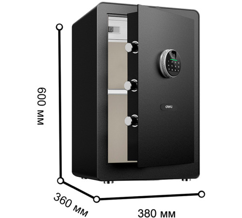 Сейф мебельный DELI "ET632" биометрический + электронный замок+ключ, 600х380х360 мм, 26 кг, черный