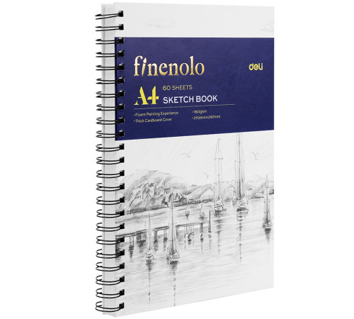 Скетчбук DELI "Finenolo ", А4, 60 л., 160 г/кв.м., жесткая подложка, на боковой спирали