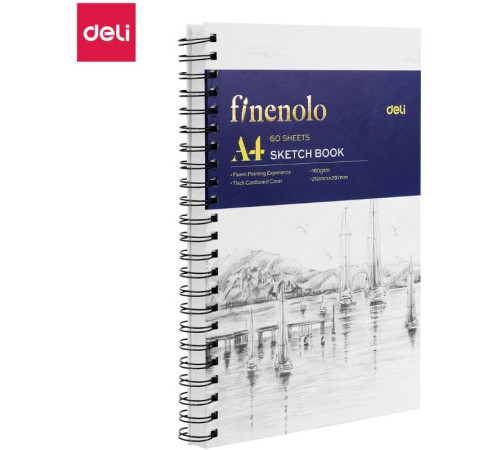 Скетчбук DELI "Finenolo ", А4, 60 л., 160 г/кв.м., жесткая подложка, на боковой спирали
