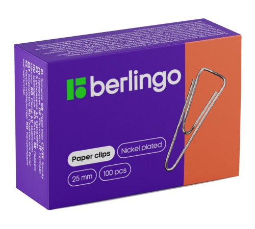 Скрепки BERLINGO 25 мм, никелированные, треугольные, 100 шт/упак