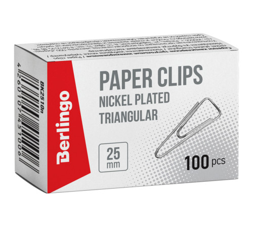 Скрепки BERLINGO 25 мм, никелированные, треугольные, 100 шт/упак