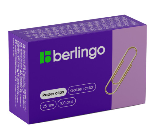 Скрепки BERLINGO 28 мм, золотистые, 100 шт/упак