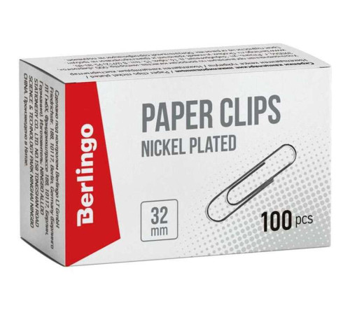 Скрепки BERLINGO 32 мм, никелированные, 100 шт/упак