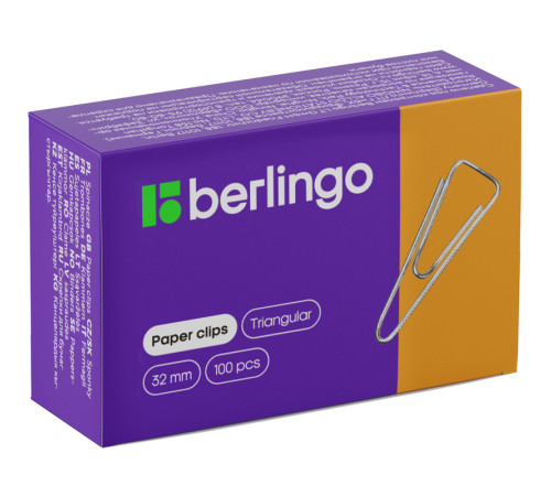 Скрепки BERLINGO 32 мм, никелированные, треугольные, 100 шт/упак