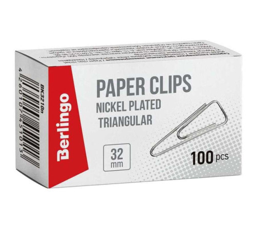 Скрепки BERLINGO 32 мм, никелированные, треугольные, 100 шт/упак