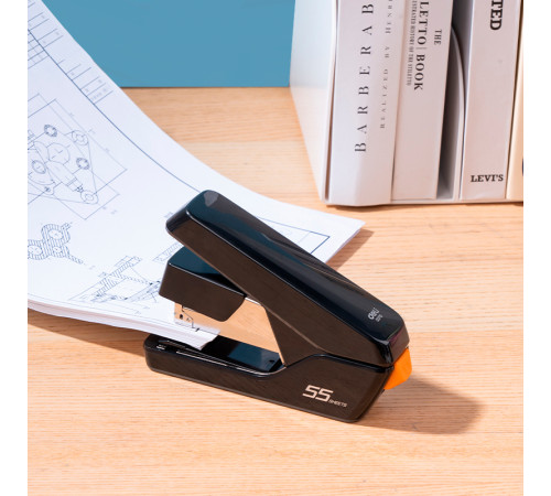 Степлер DELI до 55 листов, пластиковый корпус, облегченное нажатие (скобы №24/6, 26/6, 24/8), черный