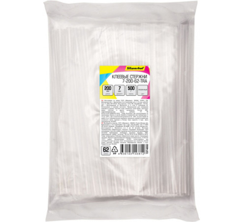 Стержни клеевые Silwerhof, диаметр 7 мм, длина 200 мм, 62 шт/упак, прозрачные