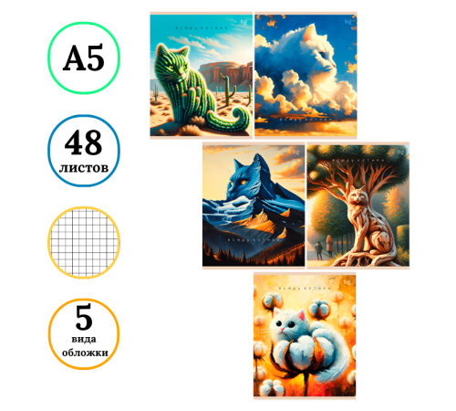 Тетрадь общая BG "Котики", А5, 48 листов в клетку, на скрепке