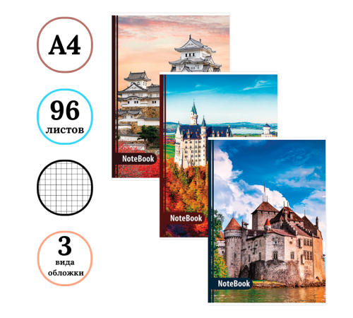Тетрадь общая BRAUERG "Замки", А4, 96 листов в клетку, на скрепке