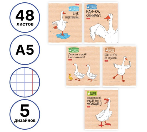 Тетрадь общая Hatber "Гусь веселюсь", А5, 48 листов в клетку, картон, на скрепке, ассорти