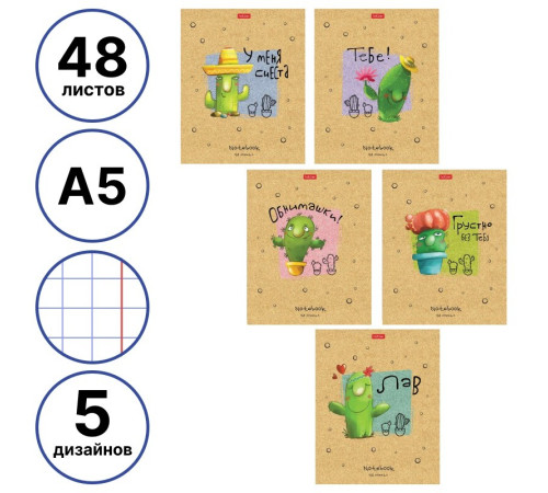 Тетрадь общая Hatber "Мой друг Кактус", А5, 48 листов в клетку, матовая ламинация, на скрепке, ассор