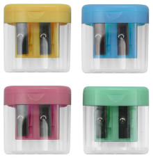 Точилка BASY пластмассовая, 2 отверстия с контейнером, ассорти