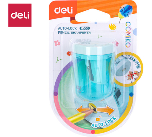 Точилка DELI пластиковая, с контейнером, ассорти