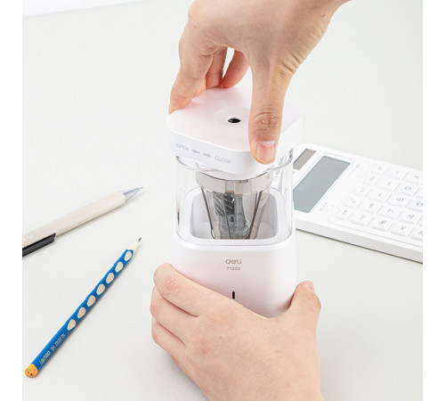 Точилка DELI "71203" электрическая, автоматическая с контейнером, белая