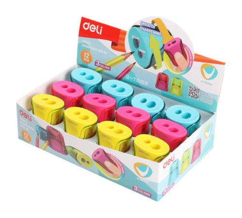 Точилка DELI "U-touch"  пластиковая,  2 отверстия с контейнером, ассорти