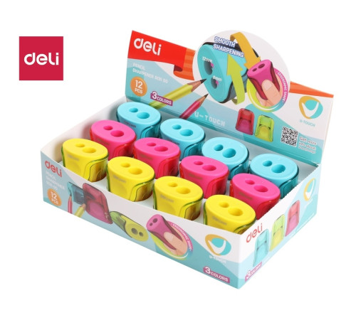 Точилка DELI "U-touch"  пластиковая,  2 отверстия с контейнером, ассорти