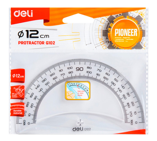 Транспортир Deli "Pioneer" (180 градусов, 12 см), прозрачный