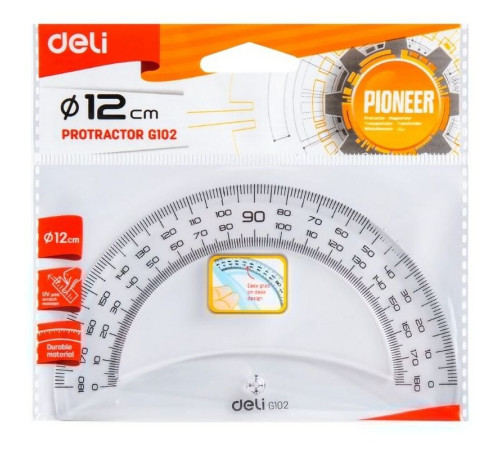 Транспортир Deli "Pioneer" (180 градусов, 12 см), прозрачный
