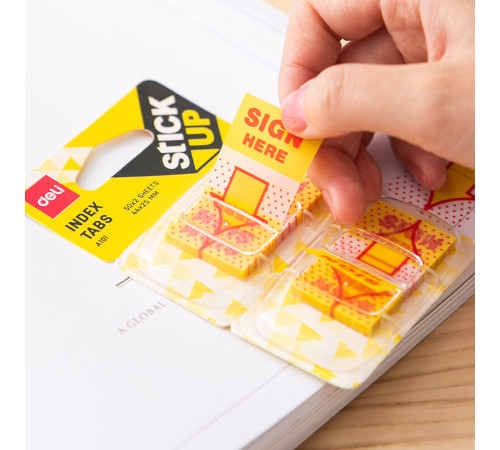 Закладки клейкие DELI "Подпишите здесь" 44 х 25 мм, 100 листов, диспенсер