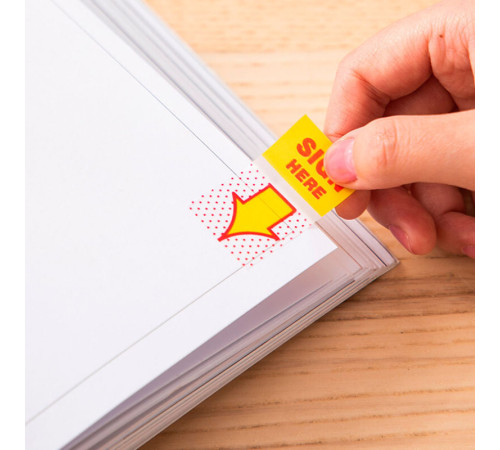 Закладки клейкие DELI "Подпишите здесь" 44 х 25 мм, 100 листов, диспенсер