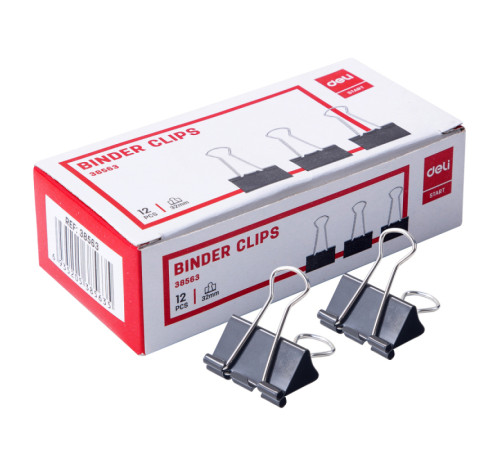 Зажимы для бумаг DELI, 32 мм, черные, (12 шт)