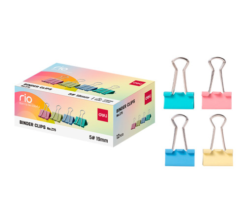 Зажимы для бумаг DELI "RIO", 19 мм, цветные, (12 шт.)