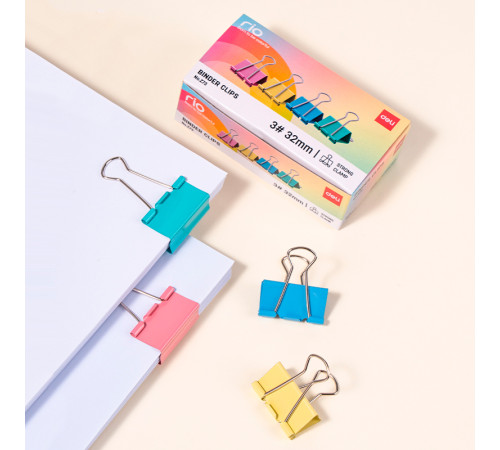 Зажимы для бумаг DELI "RIO", 32 мм, цветные, (12 шт.)