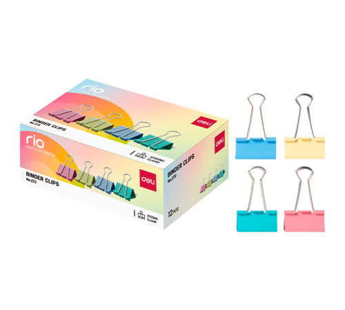 Зажимы для бумаг DELI "RIO", 41 мм, цветные, (12 шт.)