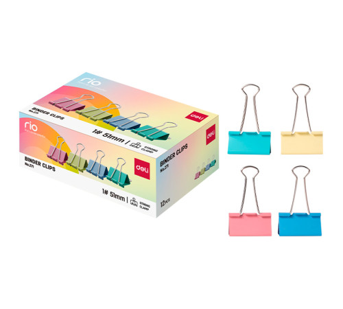 Зажимы для бумаг DELI "RIO", 51 мм, цветные, (12 шт.)