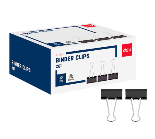 Зажимы для бумаг DELI "Z61", 51 мм, черные, (12 шт.)