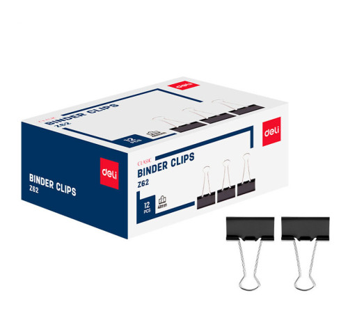 Зажимы для бумаг DELI "Z62", 41 мм, черные, (12 шт.)