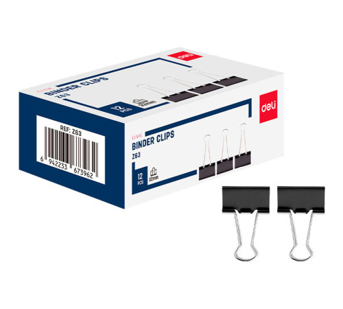 Зажимы для бумаг DELI "Z63", 32 мм, черные, (12 шт.)