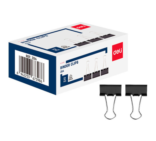 Зажимы для бумаг DELI "Z64", 25 мм, черные, (12 шт.)
