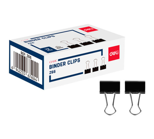 Зажимы для бумаг DELI "Z66", 15 мм, черные, (12 шт.)