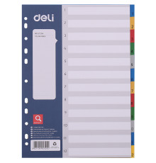 Разделитель пластиковый DELI, А4, 12 листов, цветной