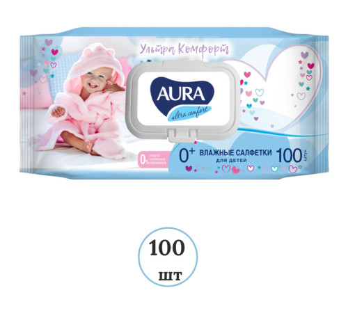 Салфетки влажные Aura "Ultra comfort", 100 штук в упаковке Салфетки влажные Aura "Ultra comfort", 100 штук в упаковке