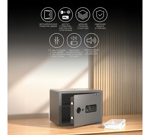 Сейф LockSworth биометрический + электронный замок + ключ, 400х300х300 мм, 10 кг, черный