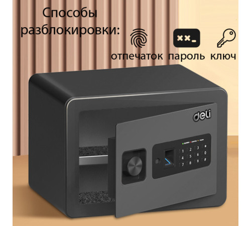 Сейф мебельный DELI "ET591" биометрический + электронный замок+ключ, 250х350х250 мм, 8,6 кг, черный Сейф мебельный DELI "ET591" биометрический + электронный замок+ключ, 250х350х250 мм, 8,6 кг, черный