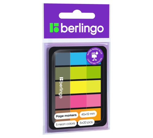 Закладки клейкие Berlingo, 45*12мм, 5 х 20 неоновых цветов, в диспенсере Закладки клейкие Berlingo, 45*12мм, 5 х 20 неоновых цветов, в диспенсере